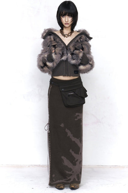 Gray Purple Knit Fur Coat
