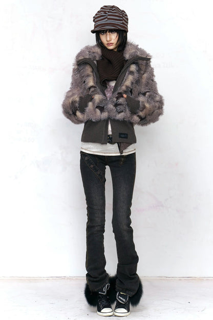 Gray Purple Knit Fur Coat