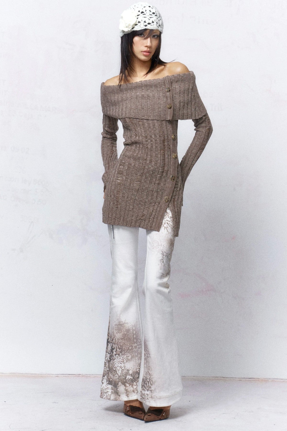 Ripped Off-Shoulder Wool Sweater