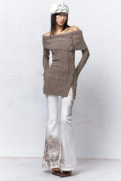 Ripped Off-Shoulder Wool Sweater