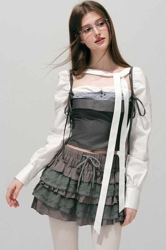 Plaid Layered-Look Off-Shoulder Shirt