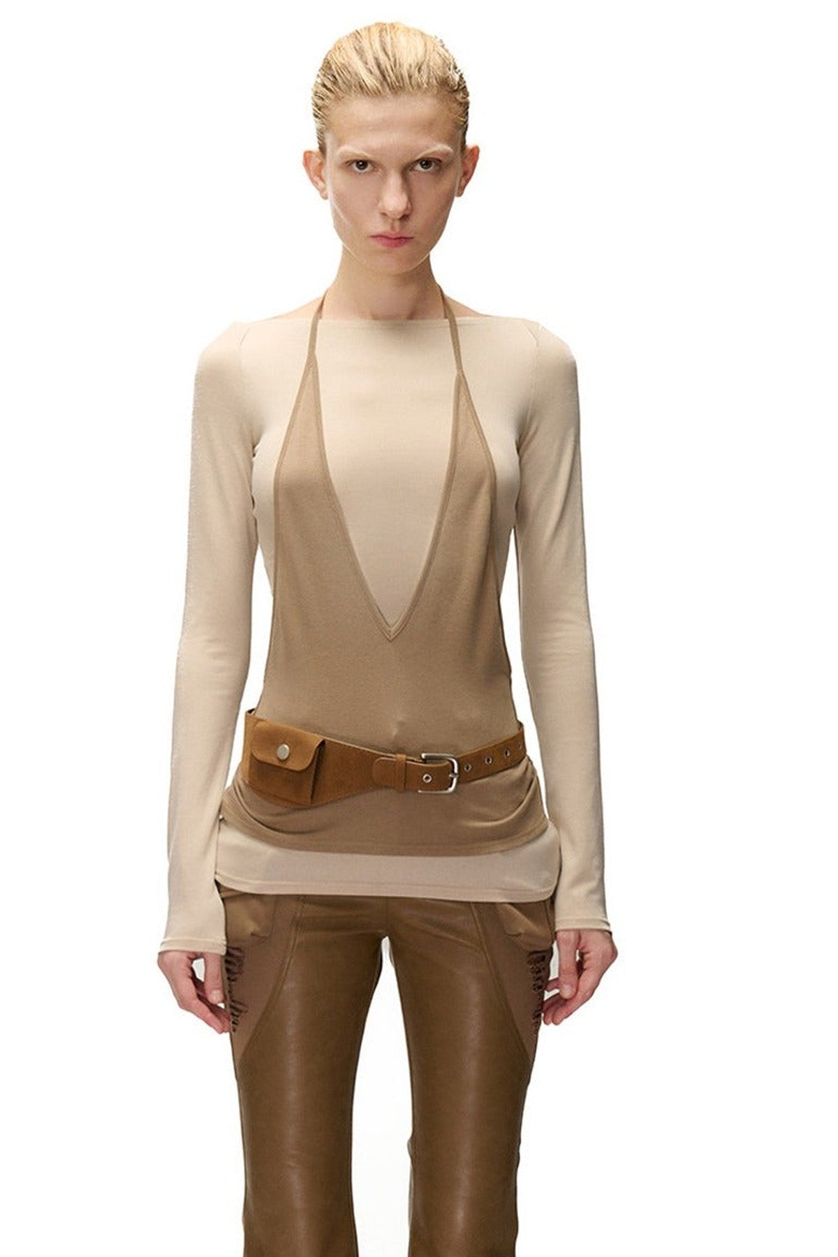 Lyocell Halter Neck Layered-Look T-Shirt