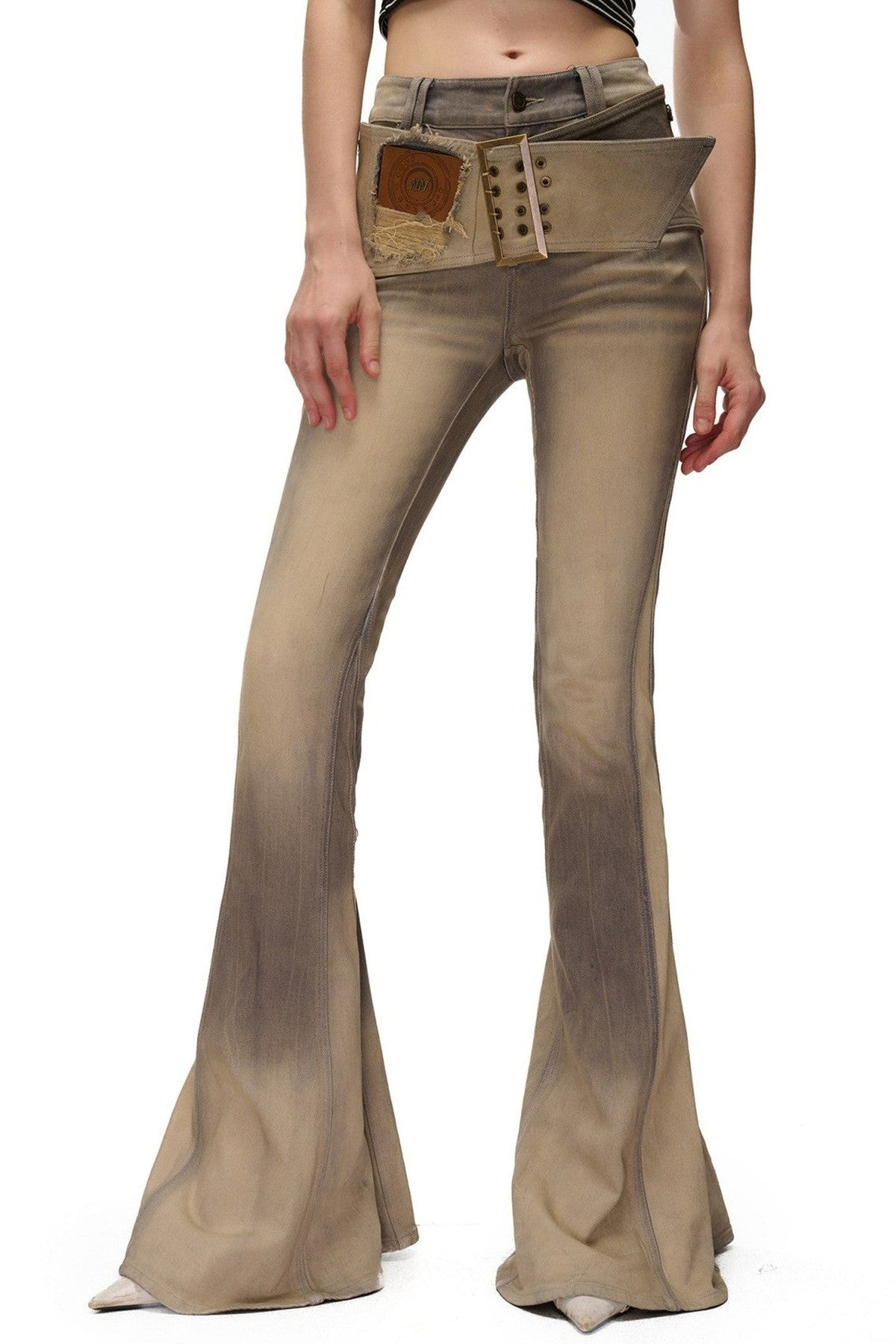 Detachable Waistband Vintage Washed Denim Flared Pants