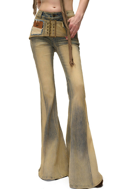 Detachable Waistband Vintage Washed Denim Flared Pants