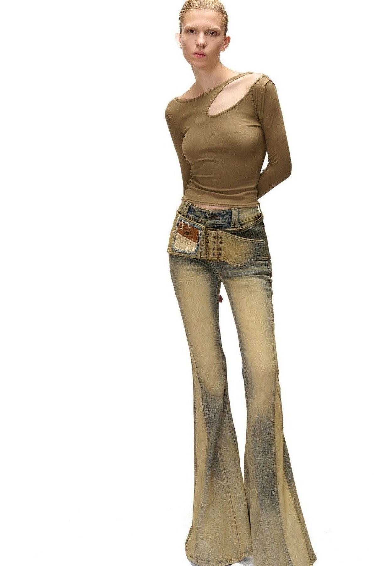 Detachable Waistband Vintage Washed Denim Flared Pants