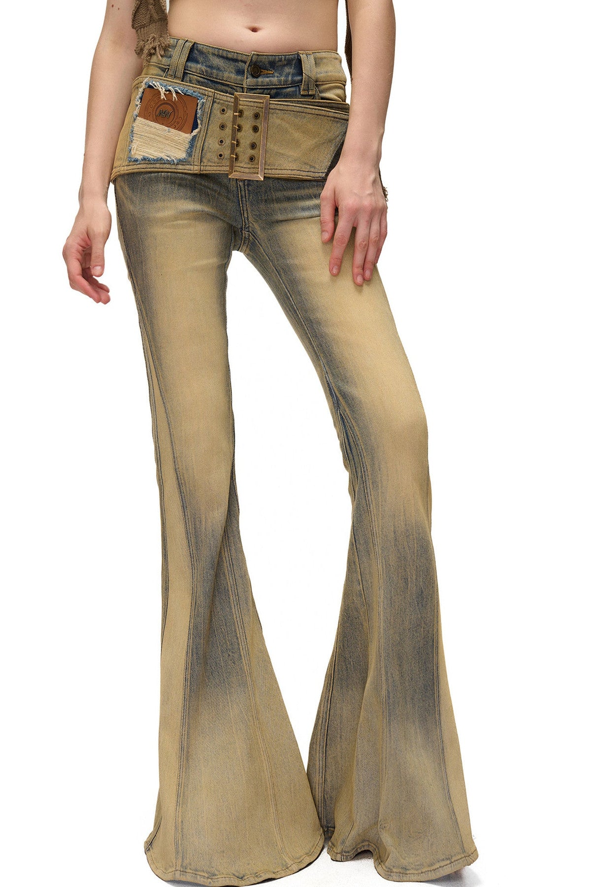 Detachable Waistband Vintage Washed Denim Flared Pants