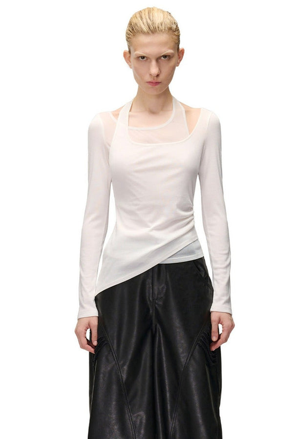Layered-Look Spliced Halter Long-Sleeve T-Shirt