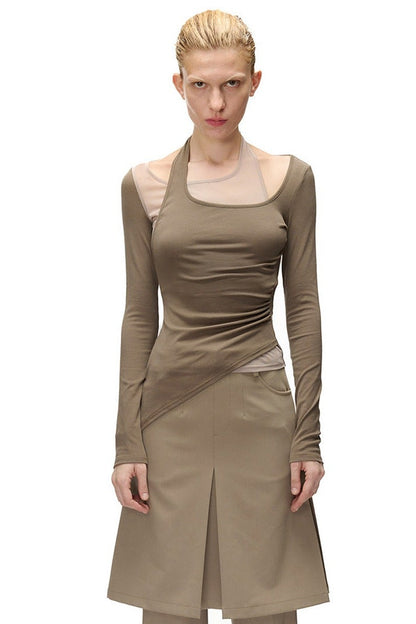 Layered-Look Spliced Halter Long-Sleeve T-Shirt