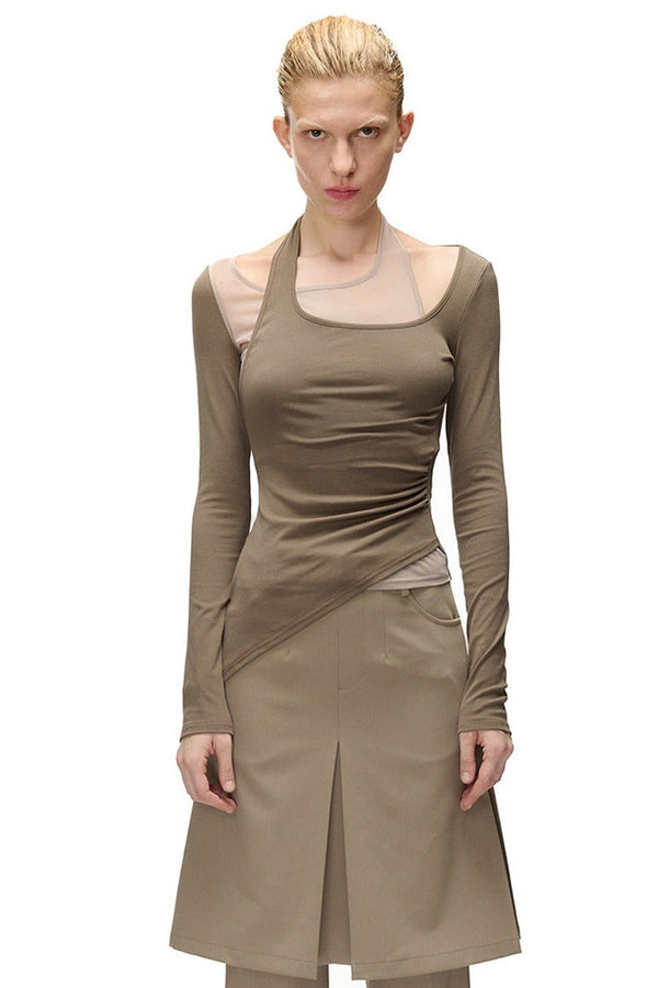 Layered-Look Spliced Halter Long-Sleeve T-Shirt