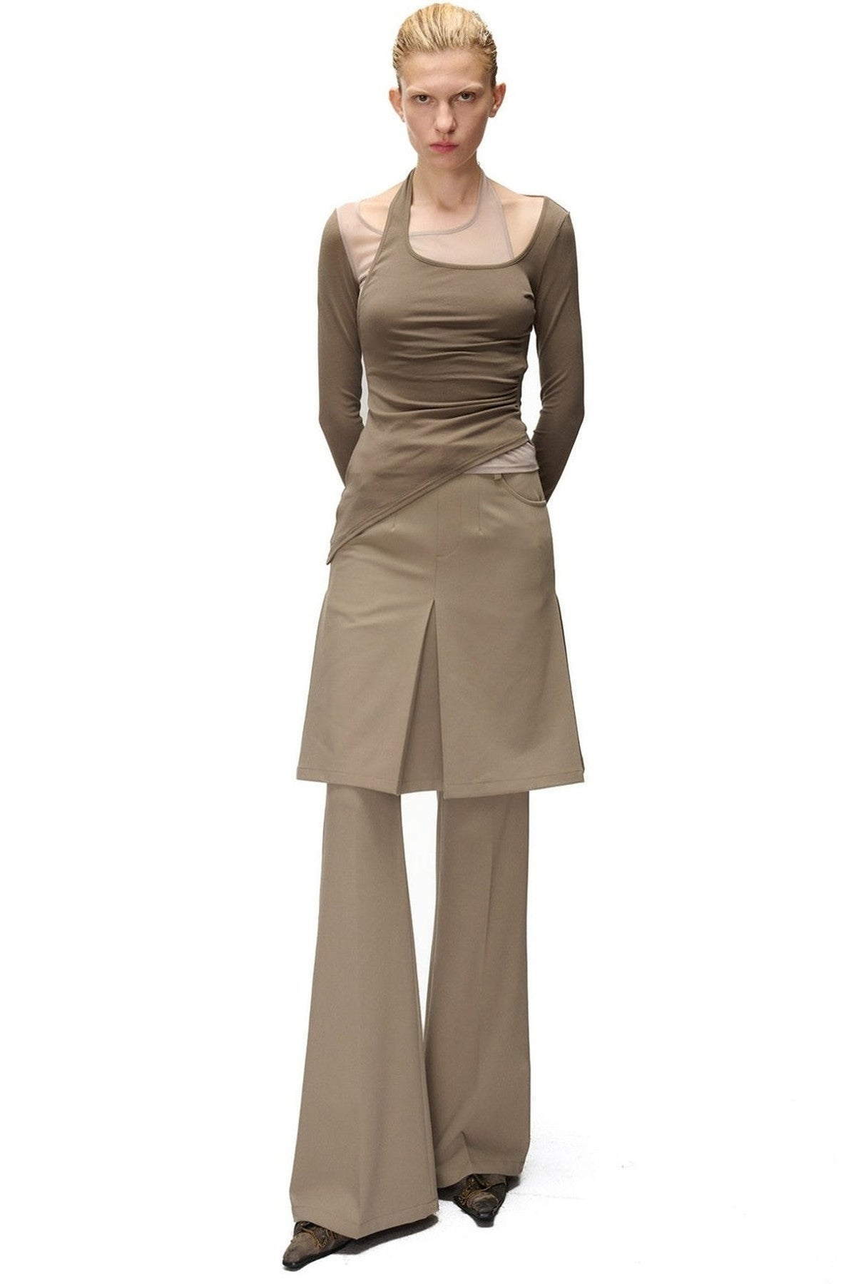 Layered-Look Spliced Halter Long-Sleeve T-Shirt