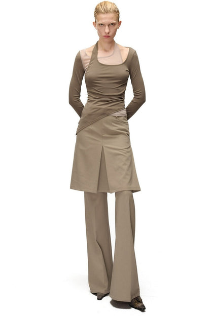 Layered-Look Spliced Halter Long-Sleeve T-Shirt