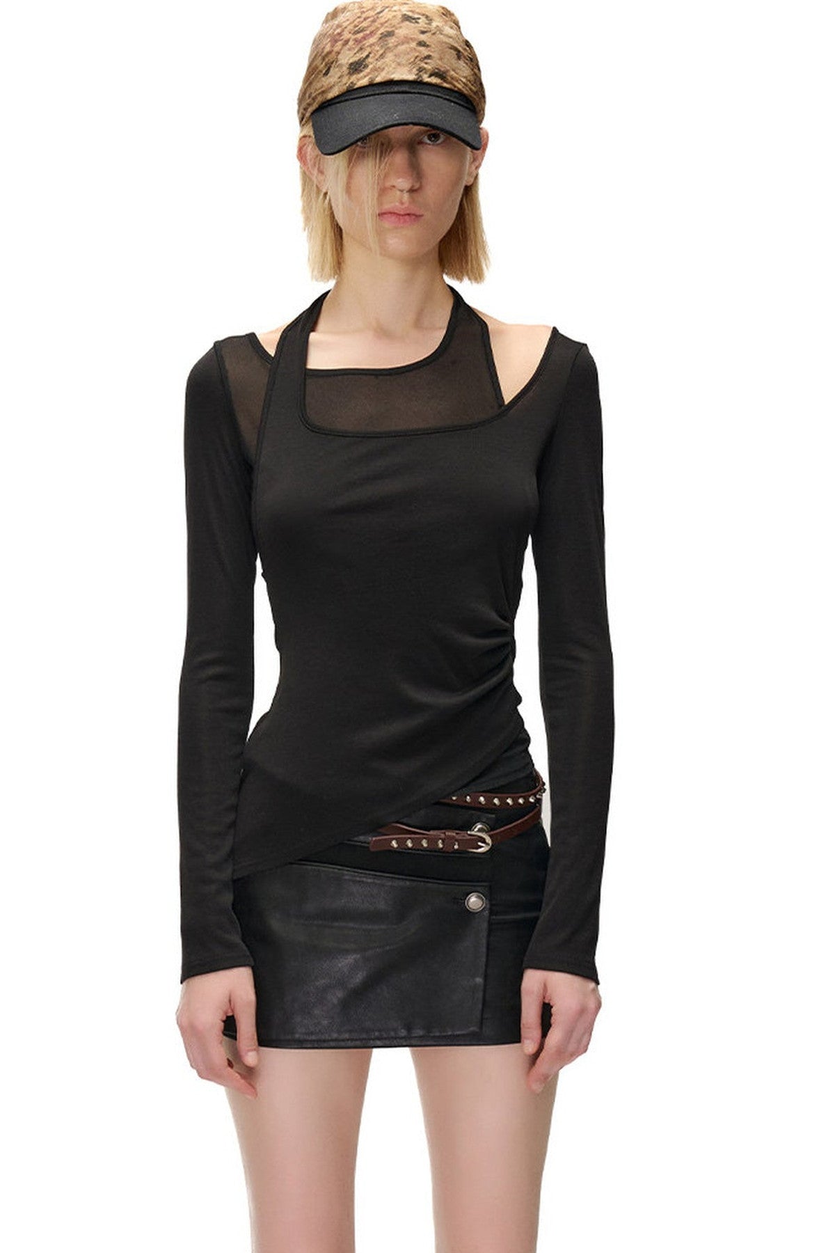 Layered-Look Spliced Halter Long-Sleeve T-Shirt