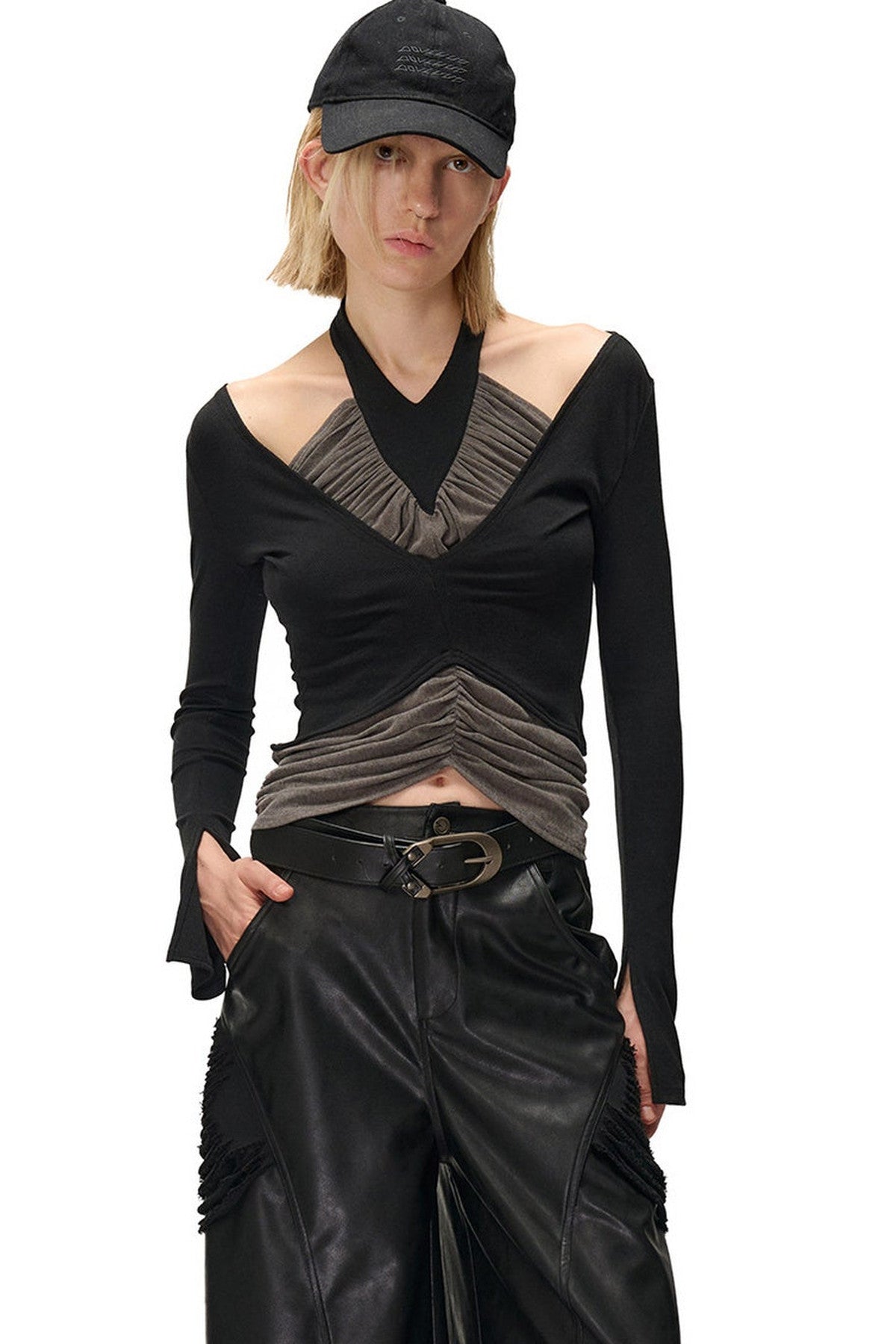 Bougainvillea Pleated Halter Neck Patchwork Irregular T-shirt