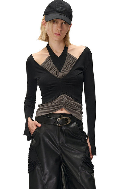 Bougainvillea Pleated Halter Neck Patchwork Irregular T-shirt