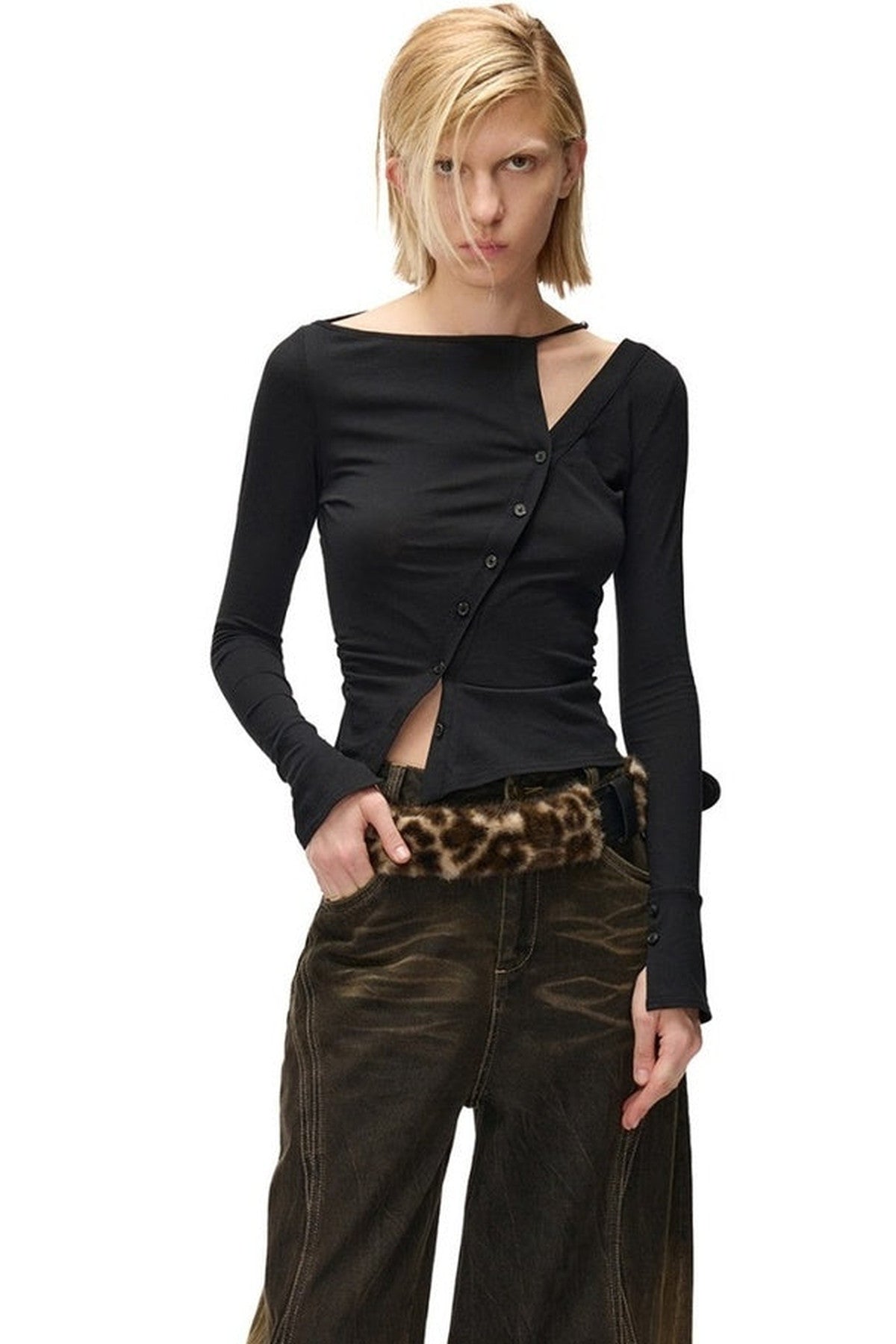 High-Elastic Diagonal Placket Long-Sleeve T-Shirt