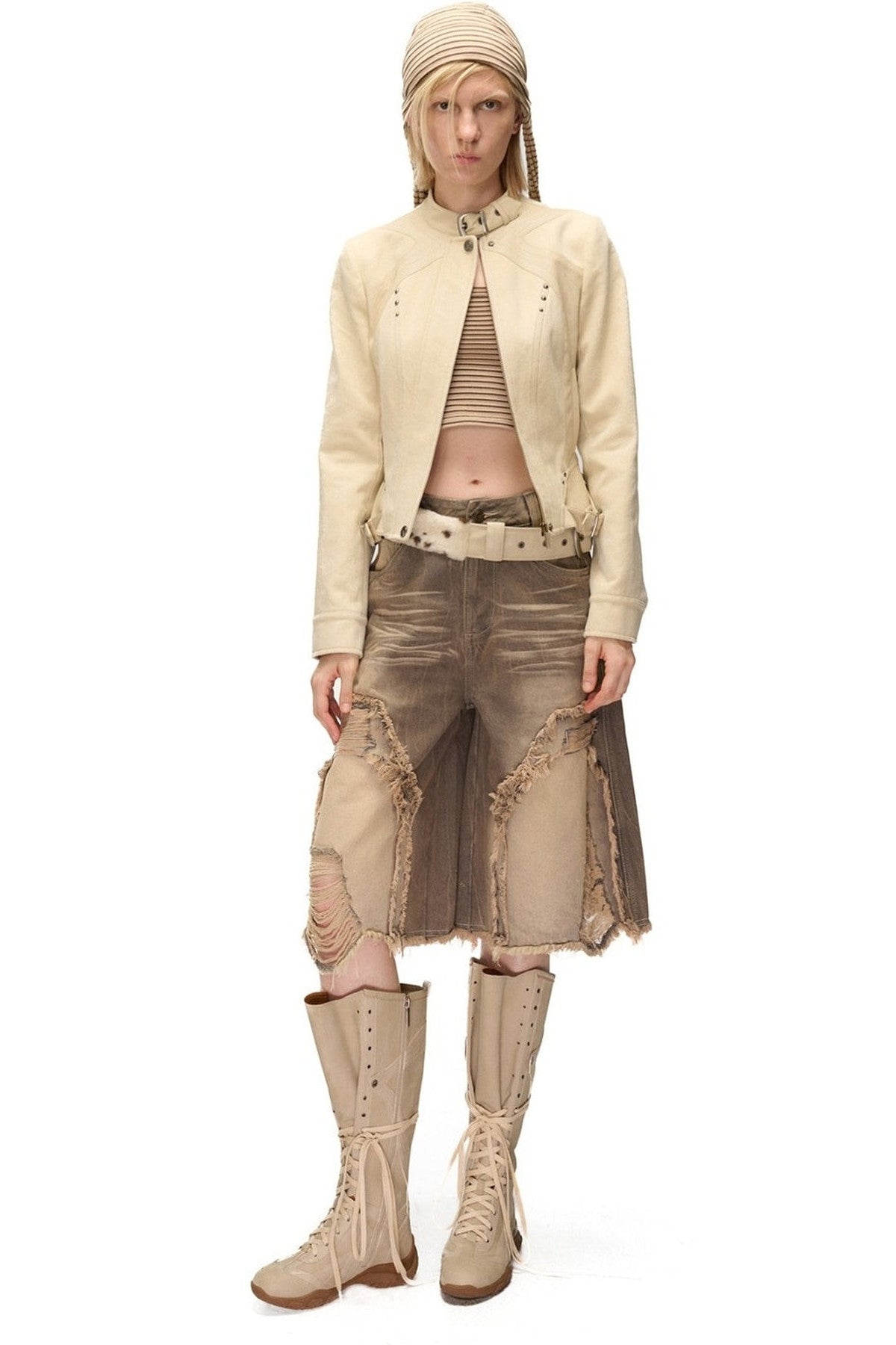 Storm Rider Washed Khaki PU Patchwork Jacket