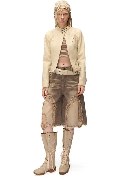 Storm Rider Washed Khaki PU Patchwork Jacket