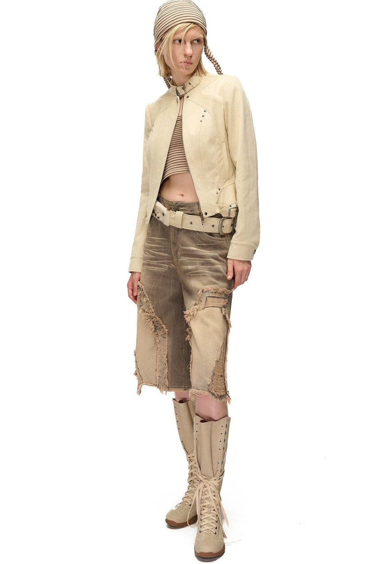 Storm Rider Washed Khaki PU Patchwork Jacket