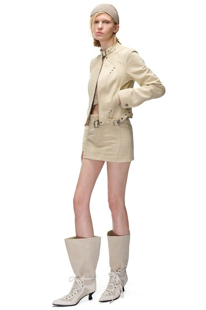 Storm Rider Washed Khaki PU Patchwork Jacket
