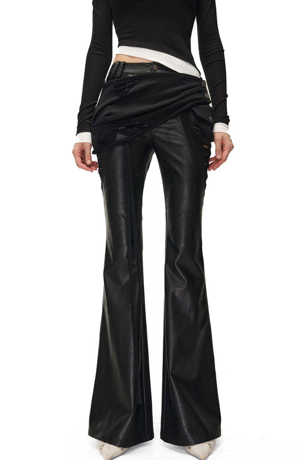 Detachable Patchwork PU Leather Bootcut Pants