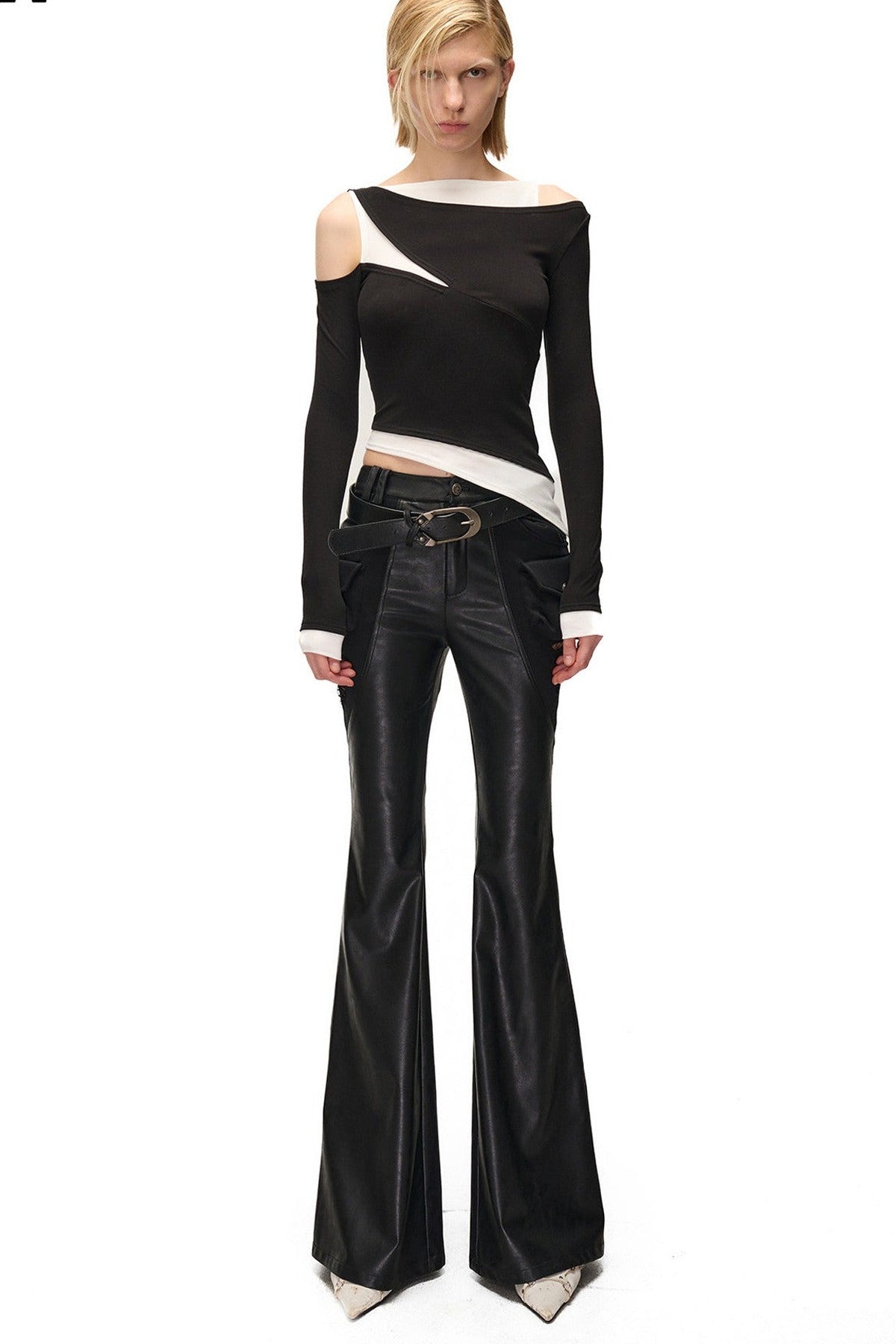 Bootcut-Hose aus PU-Leder mit abnehmbarem Patchwork
