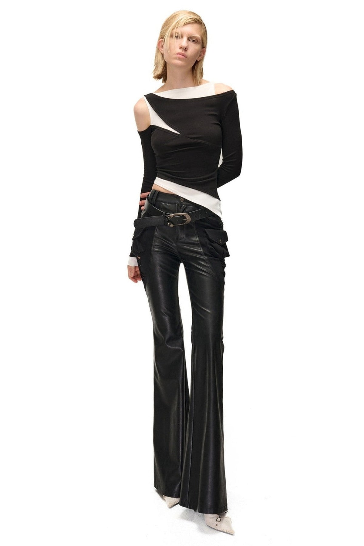 Bootcut-Hose aus PU-Leder mit abnehmbarem Patchwork