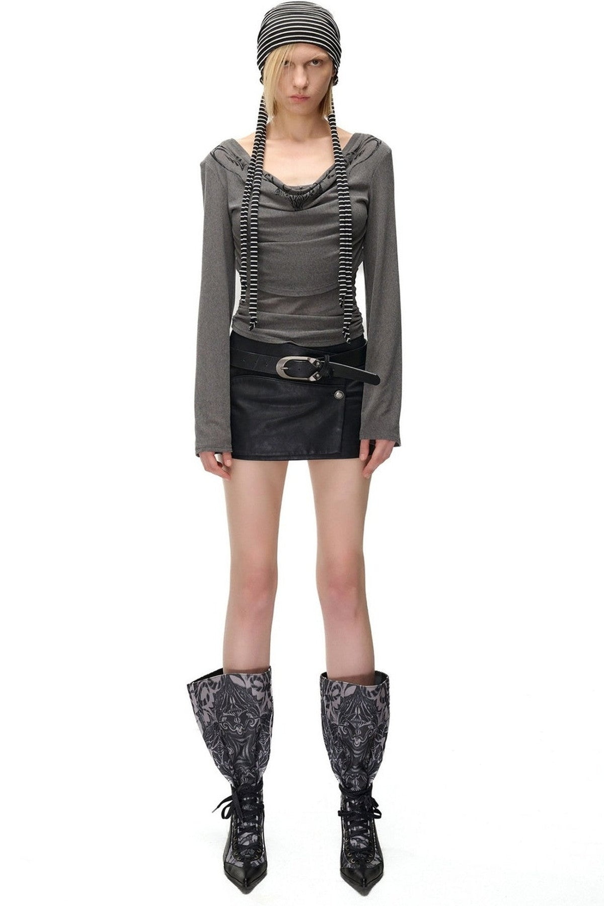 Printed Drape Neck Long-Sleeve T-Shirt