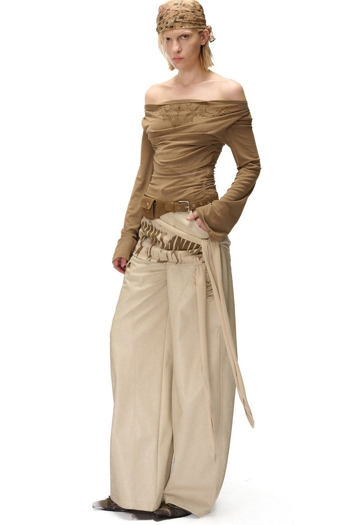 Printed Drape Neck Long-Sleeve T-Shirt