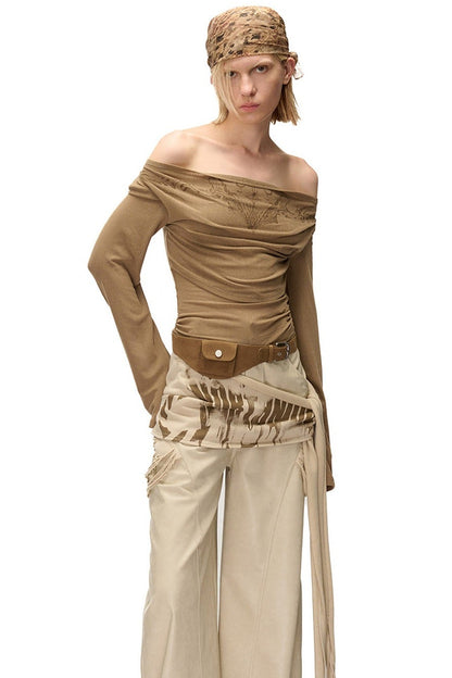 Printed Drape Neck Long-Sleeve T-Shirt