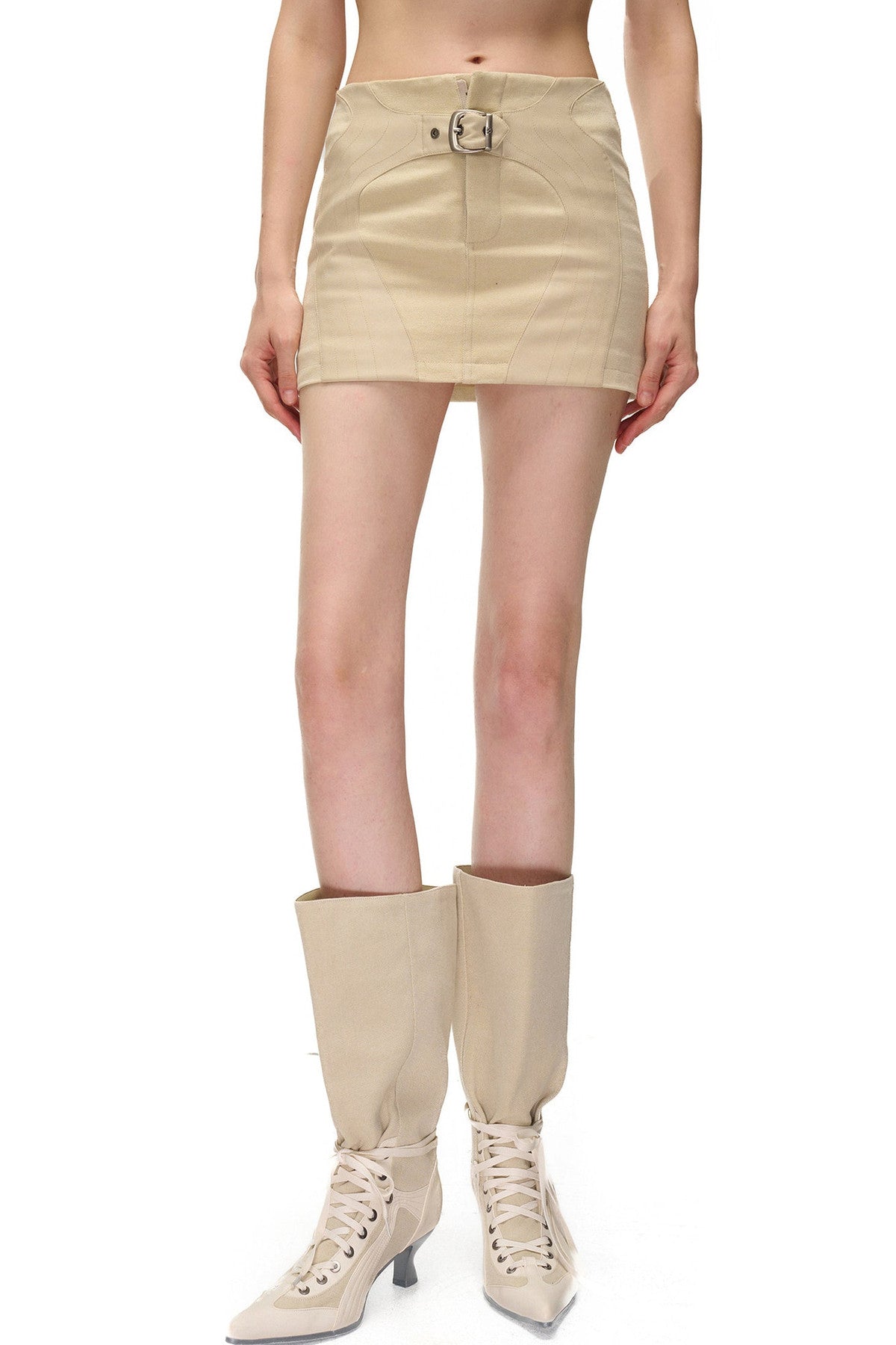 Storm Rider Pu Patchwork Khaki Skirt