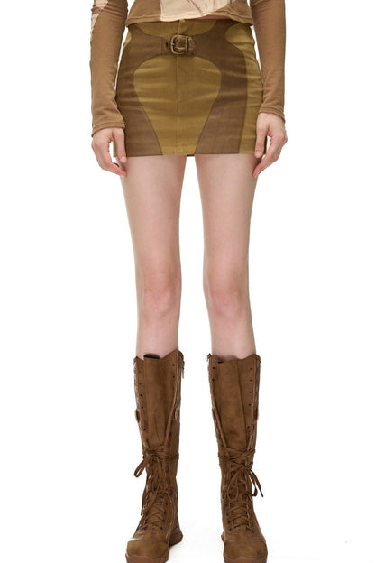 Storm Rider Pu Patchwork Khaki Skirt