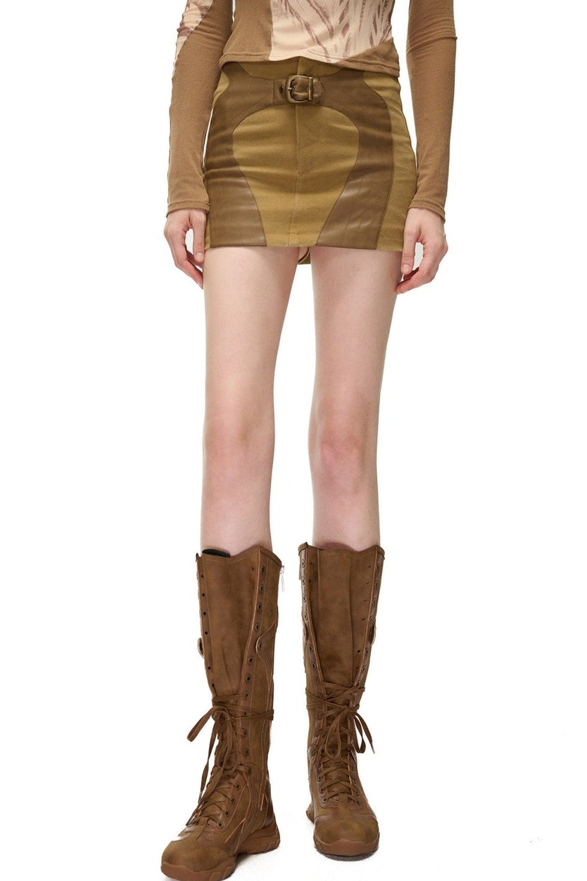 Storm Rider Pu Patchwork Khaki Skirt