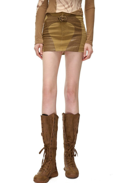 Storm Rider Pu Patchwork Khaki Skirt