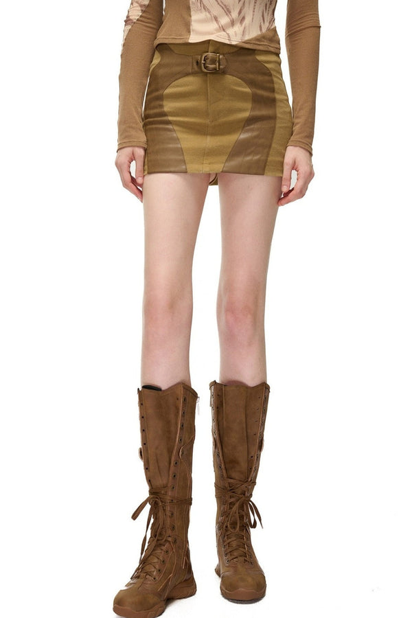 Storm Rider Pu Patchwork Khaki Skirt