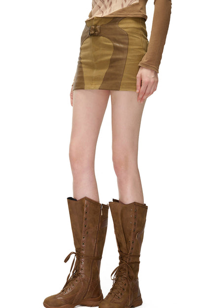 Storm Rider Pu Patchwork Khaki Skirt