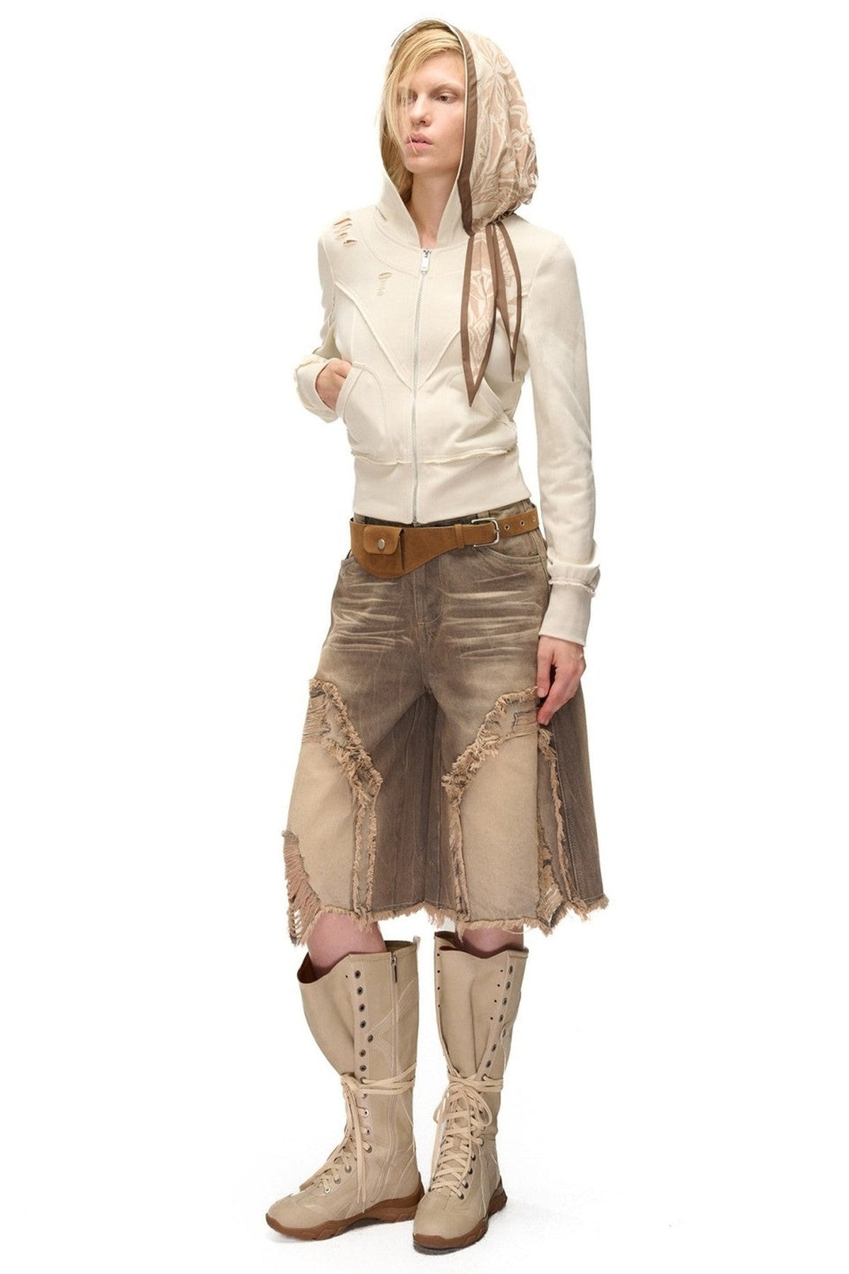 Lagenlook-Schal-Patchwork-Kapuzenjacke im Used-Look aus Sweatshirtstoff