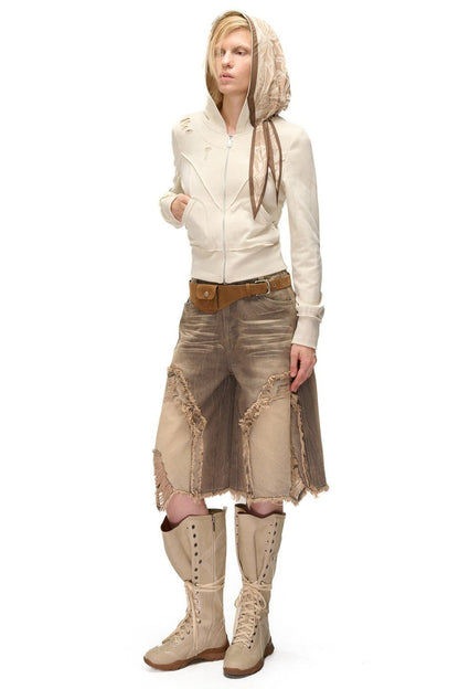 Lagenlook-Schal-Patchwork-Kapuzenjacke im Used-Look aus Sweatshirtstoff