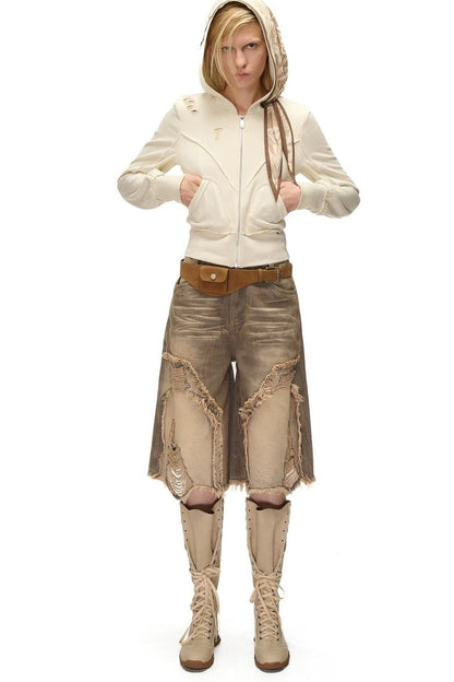 Lagenlook-Schal-Patchwork-Kapuzenjacke im Used-Look aus Sweatshirtstoff