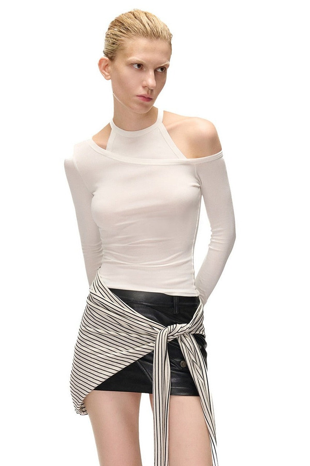 Asymmetrical Halter Off-Shoulder Long-Sleeve Top