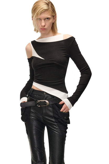 Layered-Look Patchwork Hollow Long-Sleeve T-shirt