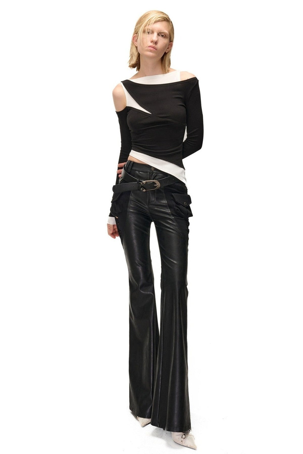 Layered-Look Patchwork Hollow Long-Sleeve T-shirt