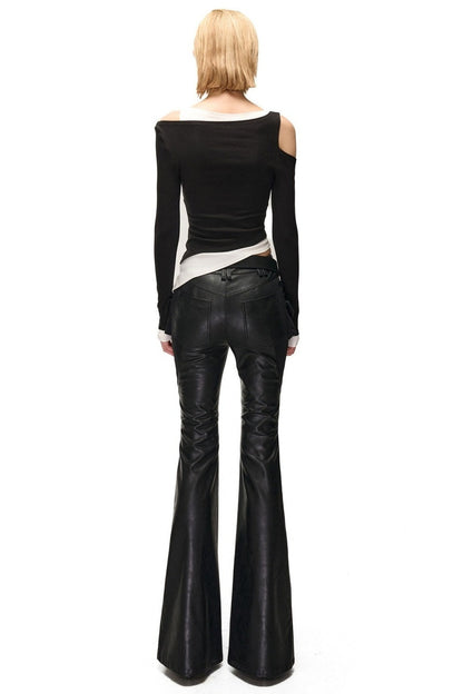 Layered-Look Patchwork Hollow Long-Sleeve T-shirt