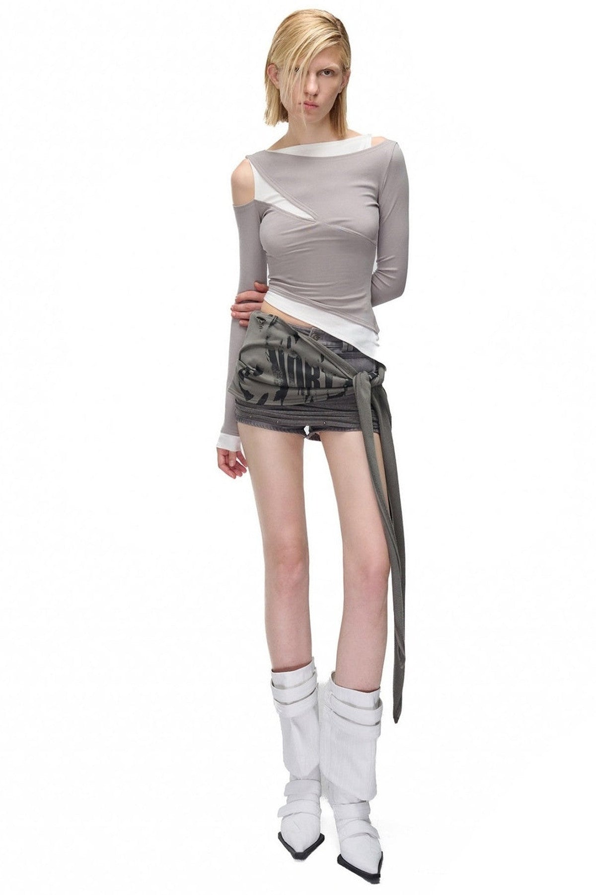 Layered-Look Patchwork Hollow Long-Sleeve T-shirt