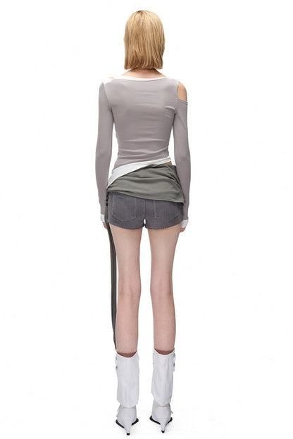 Layered-Look Patchwork Hollow Long-Sleeve T-shirt