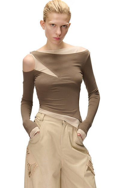 Layered-Look Patchwork Hollow Long-Sleeve T-shirt