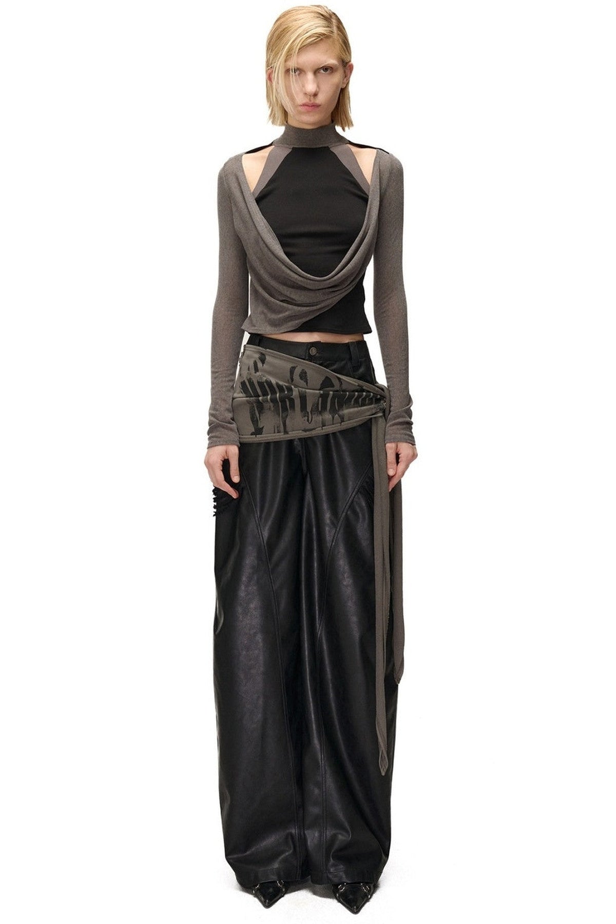 Layered-Look Swing Collar Off-Shoulder T-Shirt