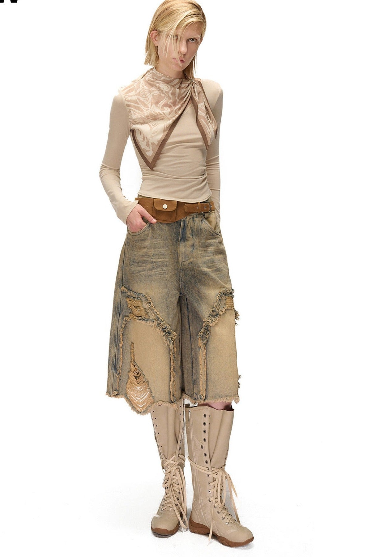 Printed Scarf Spliced Layered-Look Long-Sleeved Shirt