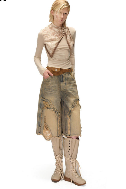 Printed Scarf Spliced Layered-Look Long-Sleeved Shirt