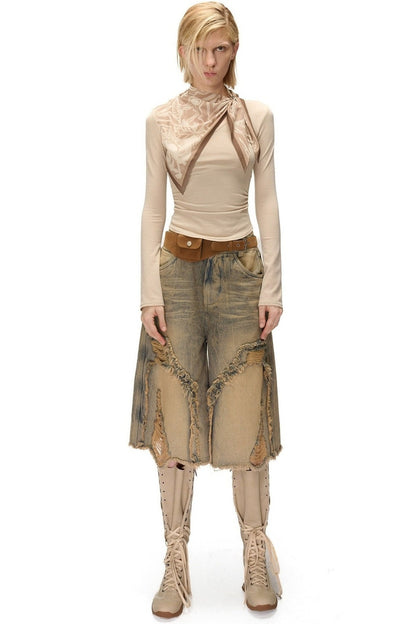 Printed Scarf Spliced Layered-Look Long-Sleeved Shirt