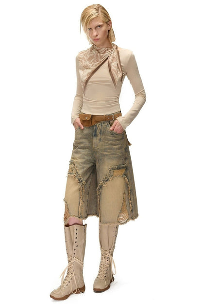 Printed Scarf Spliced Layered-Look Long-Sleeved Shirt
